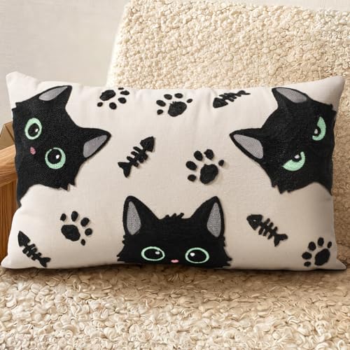 Embroidered Lumbar Pillow Cover 20x12 Inch - Spring Summer Boho Decorative Pillow Cover with Zipper for Living Room Couch Sofa Bed Aesthetic Design Cat Bone Cushion Pillowcase - color: Cat Bone, size: 20" x 12" (Pack of 1)