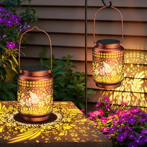KOOPER 2 Pack Solar Lanterns Outdoor Waterproof Mothers Day Gifts for Women Mom Grandma, Metal Hummingbird Hanging Solar Lantern Outdoor, 2 Modes Outdoor Decoration for Yard, Patio, Garden, Porch - size: Bronze, style: Hummingbird