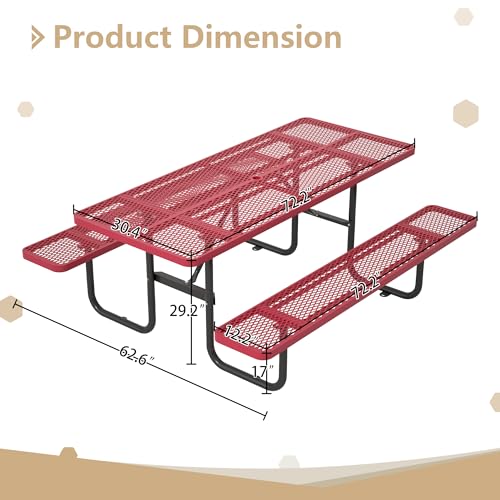 72'' Steel Rectangular Metal Picnic Table for Outdoors, Commercial Picnic Table with Umbrella Hole of Up to 1-1/2" Diameter, for Garden Courtyard BBQ, Red - color: Red