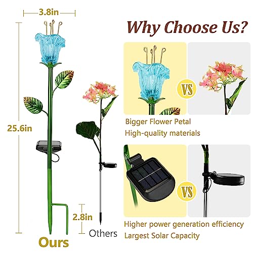Garden Solar Stake Lights Outdoor, 2 Pack Solar Powered Metal Stake Lights with Blue Bell Glass Lily LED Decorative Garden Lights for Walkway,Pathway,Lawn, Courtyard