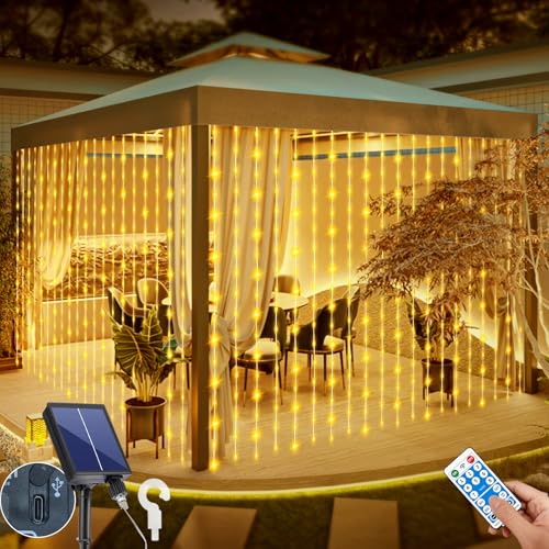 Solar Curtain Lights Outdoor Waterproof 10 * 10Ft 300LED Waterfall Light with 8 Modes Remote Rechargeable Dimmable Hanging Twinkle Fairy String Lights for Outside Christmas Gazebo Party Wedding - color: 300LED Warm White