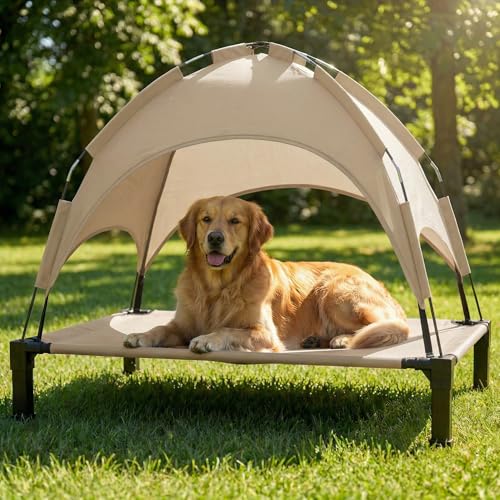 Elevated Dog Bed with Canopy Raised Pet Cot for Large Dogs, Outdoor Dog Cot with Removable Sun Shade Tent, Breathable Mesh Portable Dogs Cot for Camping, Beach, Backyard, Outdoor Use - color: Beige, size: 51.0"L x 36"W x 39"H