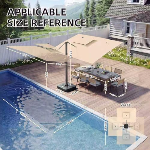 9 X 12 FT Cantilever Patio Umbrella with Led Lights and Base Included Heavy Duty Outdoor Double Top Large Rectangle Offset Umbrellas with 360-degree Rotation for Garden Pool Deck Backyard, Beige - color: Beige, size: 9' X 12'- Weighted Base Included(LED)