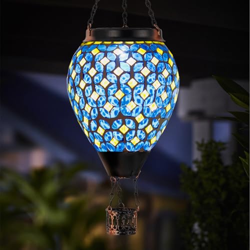 Mosaic Hot Air Balloon Solar Lantern with Flickering Flame, Blue Mosaic Hanging Solar Lantern Lights Outdoor Waterproof for Garden Patio Gifts for Women Mom Grandma - color: A_Mosaic Blue