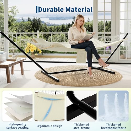 2 Person Double Hammock with Adjustable Steel Stand & Pillow, Heavy Duty Portable Outdoor Hammock Set, MAX 450 LBS Weight Capacity for Patio, Garden, Beach, Backyard - color: V-off-white