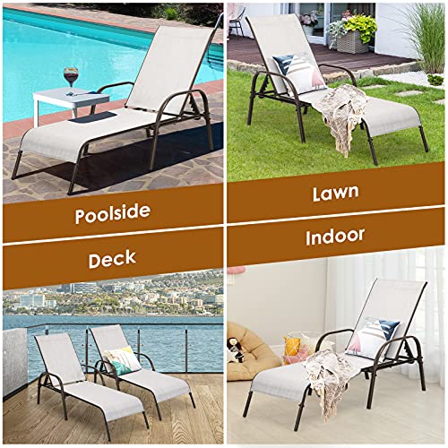 Tangkula Lounge Chair Outdoor, Patio Chaise Lounge with Adjustable Backrest, Reclining Pool Lounge Chair for Outside with Heavy Duty Steel Frame, Suitable for Beach, Yard, Balcony, Poolside - color: Light Grey