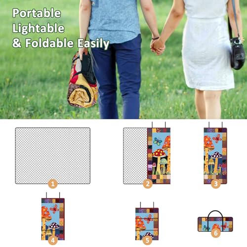 Mushroom Picnic Blankets Waterproof Foldable Picnic Outdoor Blanket 80"x 80" Picnic Mat 3-Layer Thicking Outdoor Foldable Blankets Sandproof Lightweight Beach Blankets with Strap Machine Washable - color: Mushroom05, size: 80*80in