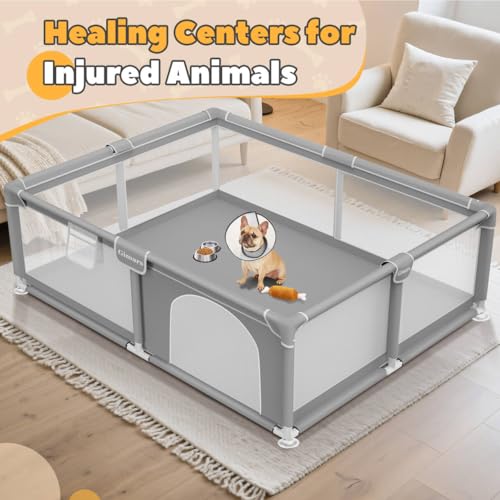 71x59x26 Inches Puppy Playpen with Gate, Dog Playpen for Puppies or Small Dogs, Sturdy Safety Dog Fence Pet Playpen with Thickened Fabric, High-Strength Nylon Wire Mesh for Indoor & Outdoor,Washable - color: Light Grey-Extra Large