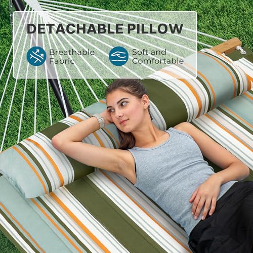 SUPERJARE Hammock with Stand, 2 Person Quilted Outdoor Hammock, Detachable Pillow & Bamboo Spreaders, Portable Hammock with Carrying Bag, Heavy Duty Stand, Perfect for Outside, Patio, Retro Green - color: Retro Green, size: 55.1"W × 74.8''D × 43.3''H