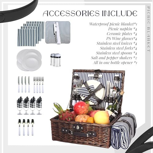 Picnic Basket Set for 4 with Waterproof Blanket Mat Insulation Bag Wicker Navy Blue Vintage Classic Gift for Christmas Thanksgiving Wedding Birthday Camp Outdoor Beach Travel - color: Blue and White Stripes