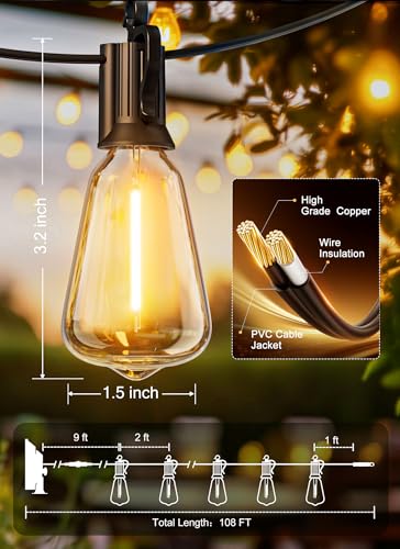 Brightown 108FT Solar String Lights Outdoor Waterproof with Remote, 50+2 LED Shatterproof Bulbs, Dimmable & Timable, 3 Light Modes - Commercial Grade Patio Lights for Garden Backyard Party Decor - size: 108FT(50 Sockets)