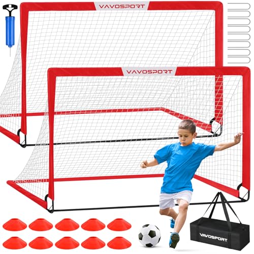VAVOSPORT Soccer Goal, 2 of 6'x4' Kids Soccer Goals for Backyard Set, Portable Pop Up Soccer Net, Practice Soccer Training Equipment with Ball, Cones for Toddler,Youth Sports Outdoor Games Yard Play - color: Red