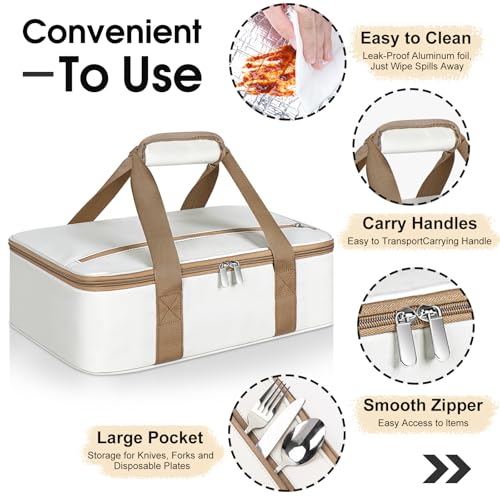 Insulated Casserole Carrier, Portable Casserole Carrier for Hot or Cold Food Lunch Tote Warmer or Cooler Bag, Lasagna Lunch Bag for Potluck Parties- Fits 9" x 13" Baking Dish-Beige - color: Beige, size: 16x10x4 in
