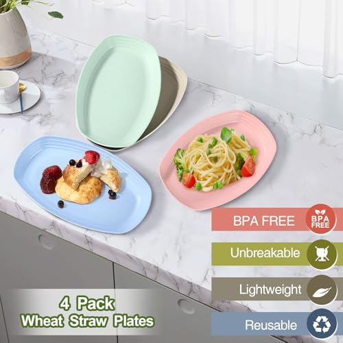 shopwithgreen Lightweight Wheat Straw Plates - 4 Pack 11.4'' Unbreakable Sturdy Plastic Dinner Plates, Dishwasher & Microwave Safe Plates Set, BPA Free, Non-Toxic - color: 4 Pack, size: 11.4 ''