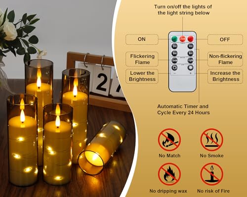 Enido Flameless LED Candles with Remote & Timer, Battery Operated Acrylic Pillar Set, 10 Pc Flickering Electric Lights with Embedded Star String for Cozy Home & Holiday Romantic Decor (Matte Grey) - color: Brown