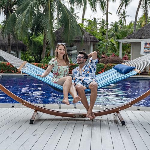 Lazy Daze Hammocks 12 FT Quilted Fabric Double Hammock with Spreader Bars and Detachable Pillow, 450lbs Weight Capacity - color: Mixed Blue Stripes