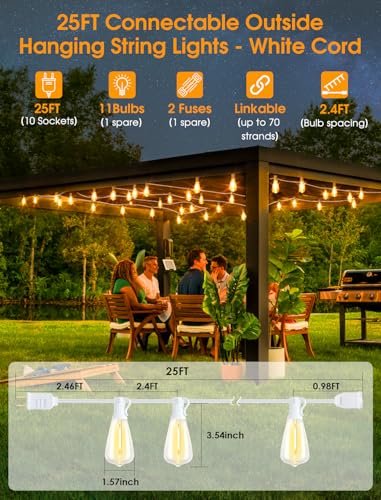 Larkvue 25FT Outdoor String Lights, Patio Lights with 10+1 2700K LED Dimmable Waterproof Outside Hanging ST38 Edison Bulbs for Backyard, White Cord - color: White, size: 25FT