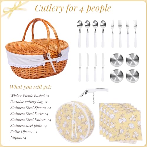 Wicker Picnic Basket with Handle, 15" Large Picnic Basket with Lid & Removable Liner, Vintage Hand Woven Basket with Cutlery Set for Picnics, Camping, Thanksgiving, and Birthday - color: Beige, size: 4-person