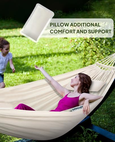 Chihee Hammock for Stand 9.8ft x 4.9ft Soft Cotton Hammock Holds Up to 660lbs Portable Tree Hammocks with Detachable Spreader Bar Pillow 2 Strong Webbings 2 Carabiners Patio Garden Indoor Outdoor - color: Natural White, size: 300x150cm