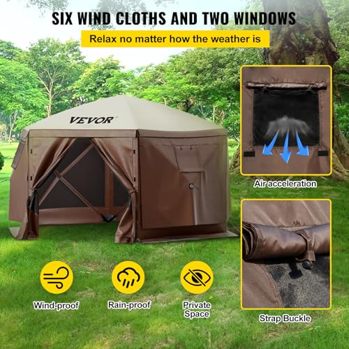 VEVOR Pop Up Gazebo Screen Tent, Pop-Up Instant Gazebo Tents with Mosquito Netting Outdoor Canopy, 6 Sided Sun Shelter 10x10ft with 6 Removable Wind Cloths & 2 Mesh Windows, Pavilion Tent for Patio - color: Brown, size: 10x10ft