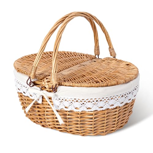 GRANNY SAYS Picnic Basket, Wicker Basket with Lid, Woven Cute Basket with Handle, Storage Basket with Washable Lining & Dual-Flid Lid, Natural Willow Picnic Hamper, White Lining - color: White