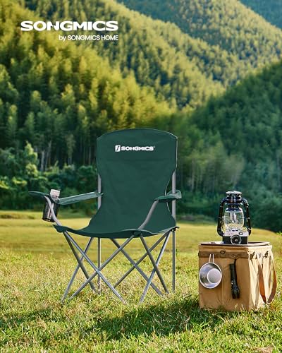 SONGMICS 2 Pack Folding Camping Chairs, Load 330 lb, Cup Holder and High Backrest, Heavy-Duty Structure, for Lawn, Garden, Fishing, Terrace, Dark Green UGCB08GN - color: Green, style: 2PC (21.3"D x 33.9"W x 38.2"H)