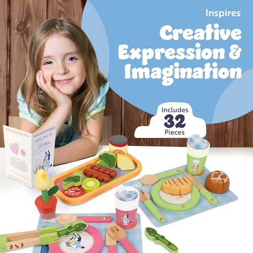 Bluey Toy Fruits and Vegetables for Toddlers, 32-Piece Pretend Food with Plates, Utensils, Baby Play Food & Wooden Toy Fun - style: Dine with Bluey