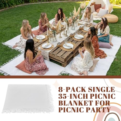 Hahafelt 8 Pcs Outdoor Picnic Blanket 35"x35" Boho Blanket Woven Cotton Yarn Portable Mat Plaid with Fringe Washable for Picnic Party Camping Beach Travel Lawn Indoor Bohemia Decor (White)