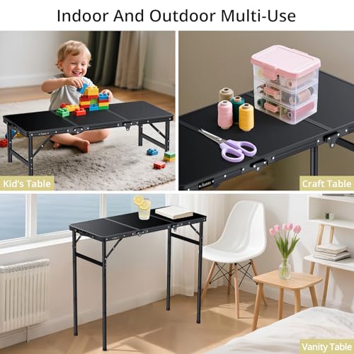Anbte 3ft Tri-fold Camping Table Max 29.5", 3 Adjustable Heights Aluminum Folding Camping Table with Storage Bag, Lightweight, Portable Handle for Travel Outdoor Beach Picnic, 35" x 16", Black - size: 35.4“l X 16"w X 29.5h"