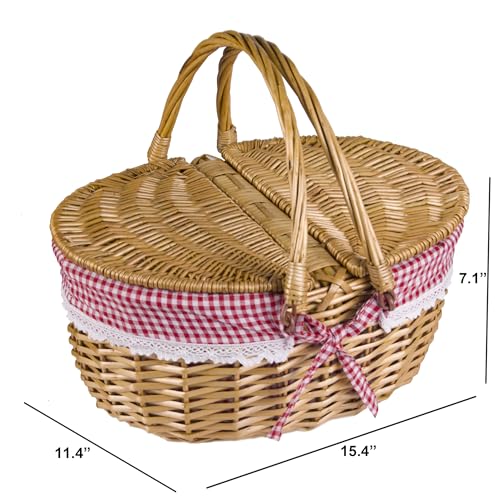Wicker Picnic Basket with Lid and Handle Sturdy Woven Body with Washable Plaids Liner,Red - color: Red Check