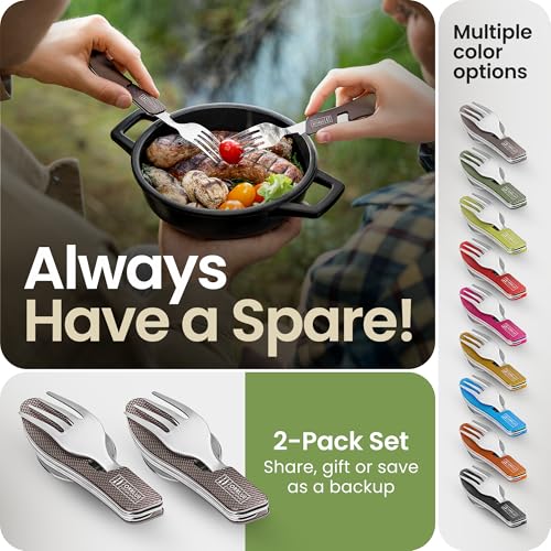 Orblue 4-in-1 Camping Utensils, 2-Pack - Portable Stainless Steel Spoon, Fork, Knife & Bottle Opener Combo Set - Travel, Backpacking Cutlery Multitool, Gray - color: 2-PACK Modern Gray
