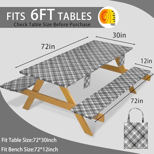 Fitted Waterproof Picnic Table Cover with Bench Covers Heavy Duty Elastic Outdoor Camping Tablecloth for 6 Foot Rectangle Tables Summer Rv Accessories Patio Garden Road Trip Essentials Gifts - color: Black and White Lines, size: 72" x 30" (Rectangular)