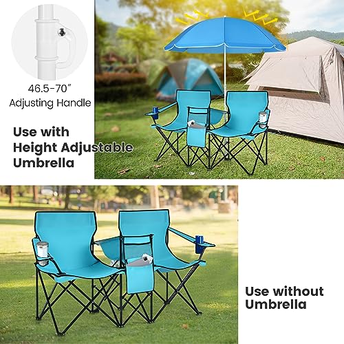 Double Camping Chair, 2-Person Portable Beach Chair w/Removable Umbrella, Cup Holders & Carrying Bag, Folding Loveseat Chairs for Adults Outdoor Picnic (Turquoise) - color: Turquoise
