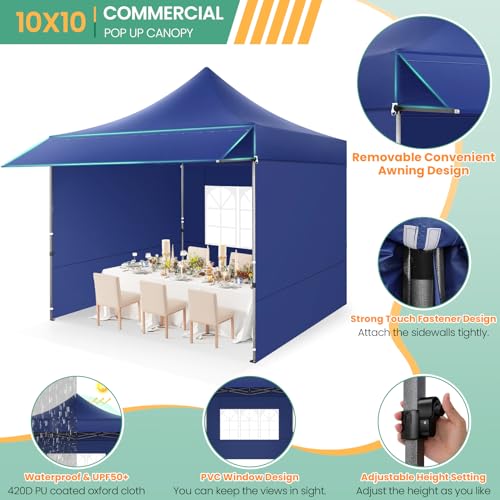 COBIZI 10x10 Pop up Canopy Tent with Awning and Sidewalls, Heavy Duty Commercial Instant Tents for Market, Outdoor Events, Deep Blue - color: Deep blue, size: 10x10FT with 3 Sidewalls & 1 Awning Cloth