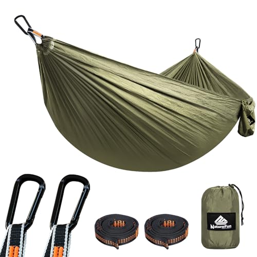 NATUREFUN Ultra-Light Travel Camping Hammock | 300kg Load Capacity,Breathable,Quick-Drying | 2 x Premium Carabiners,2 x Nylon Slings Included | Outdoor Indoor Garden - color: Army-green, size: 275x140cm