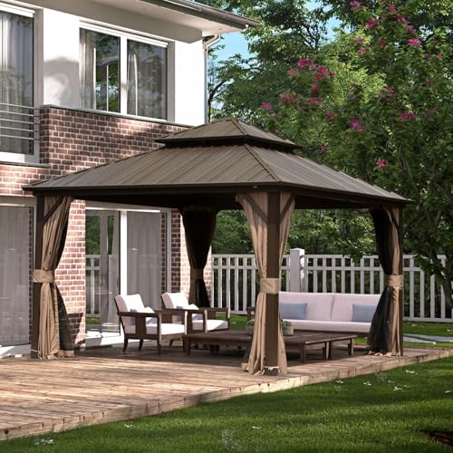 Domi 10' x 12' Hardtop Gazebo, Outdoor Metal Gazebo for Patios with Galvanized Steel Double Roof, Heavy Duty Curtains and Netting Included, Permanent Pergola for Backyard, Garden Lawn, Brown - color: Brown, size: 10'×12' Double Roof