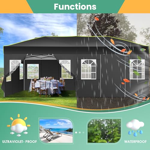 COBIZI 10x20 Pop Up Canopy Tent, Outdoor Party Tent with 6 Sidewall One Push Setup Glow, 3 Adjustable Height Air Vent Waterproof UPF50+, Bag, 4 Sandbag, 6 Stake, 12 Rope for Beach, Commercial - color: Black, size: 10x20
