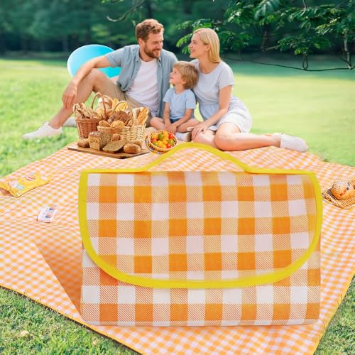 JEPELUS Outdoor Picnic Blanket Waterproof, 79 x 79 Inch Large Picnic Mat Oxford Fabric, Gingham Foldable Beach Blankets Mats for Camping Park Grass Lawn Hiking Family Concerts (Yellow)
