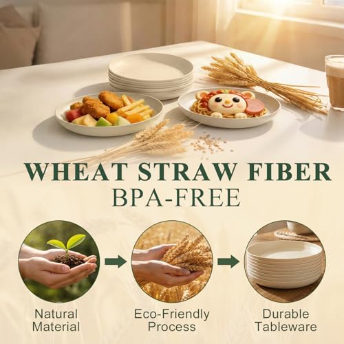 Kitchen Plates Set for 8, Wheat Straw Plate 8 Inch, Unbreakable & Lightweight Plastic Plates, Microwave and Dishwasher Safe Serving Plate for Camping, School, Dorm - Beige - color: Beige, size: 8 Inch