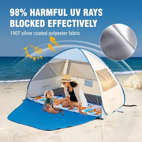 EchoSmile Pop Up Tent for 4 Person Family, Beach Tent Sun Shelter with UPF 50+ UV Protection & Waterproof, Lightweight & Easy Automatic Setup Portable Cabana for Outdoor Travel (Light Blue) - color: Light Blue