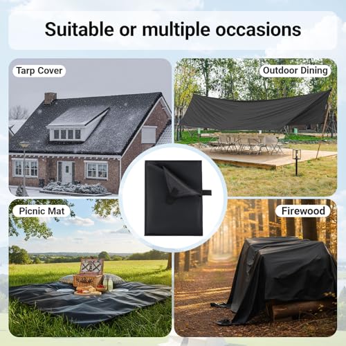 2 Pack 6x8 ft Black Heavy-Duty Waterproof Tarps - Oxford Fabric Tarpaulin with Reinforced Webbing Loops for Firewood, Roof, Camping, Pool, Boat & Outdoor Covers - size: 6 x 8 ft