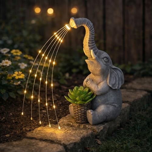 Lyeasw Solar Garden Decor Elephant Statues – Birthday Gifts for Women Mom, Water‑Resistant Watering Elephant Outdoor Decor for Patio, Yard & Porch with Auto On/Off Light, Praying Elephant Ornament - color: Elephant