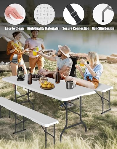 Folding Table Set with 2 Benches, 6 FT Picnic Table and Bench Set, 3- Piece Foldable Camping Tables Sets for Indoor & Outdoor, Portable Plastic Tables Chairs for Party, Wedding, Event, BBQ - color: White, size: 2 Folding Bench and 1 Folding Table