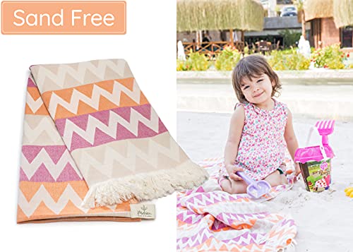 Turkish Beach Towel (35”x67”) – 100% Cotton Quick Dry, Lightweight Oversized Beach Towel for Pool & Travel – Zig Zag Orange Color - color: Fuchsia Orange Beige