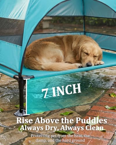 Elevated Dog Bed with Canopy - 3-Sided UV Protection Pet Tent with Wider Shade, Raised Cooling Outdoor Dog Cot with Breathable Mesh for Medium Large Dogs, Portable Pet Bed for Camping, Patio (Aqua, L) - color: Aqua, size: Large