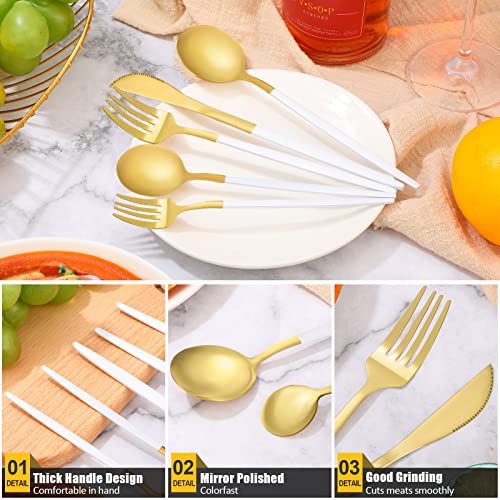 60 Pieces Stainless Steel Tableware Set Silverware Set Flatware Cutlery Utensils Spoon Fork Knives Service for 12 for Home Restaurant Apartment and Kitchens(White Gold) - color: White Gold