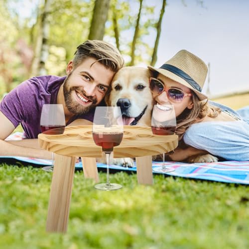 LALAFINA Portable Wooden Outdoor Wine Table with Folding Picnic Surface and Glass Holder, Natural Wood Color Beach and Camping Low Table for Patio, Lawn, and Garden Use
