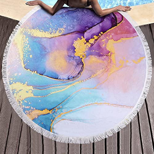Benefeet Sox Beach Towel Large Round Mandala Pool Towels Tassels Microfiber Quick Dry Beach Blanket Throw Bohemian Roundie Swim Pool Circle Towel, 59 Inches - color: Colorful Marble Liquid Quicksand, Gradient
