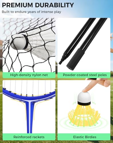 BAGAIL Portable Badminton Net Set, Pop-Up Net with Carry Case, Complete 4 Racket Set for Backyard, Park & Beach Games, Quick Setup Indoor Outdoor Sports Equipment for Backyard Fun