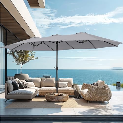 PHI VILLA 15ft Large Patio Umbrellas with Base, Outdoor Double-Sided Rectangle Market Umbrella for Pool Lawn Garden, Light Gray - color: Light Gray